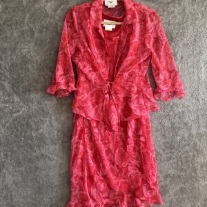 Vintage Y2K Ruffle Hem Midi Slip Dress Blouse Womens 6 Pink Red Floral Chiffon